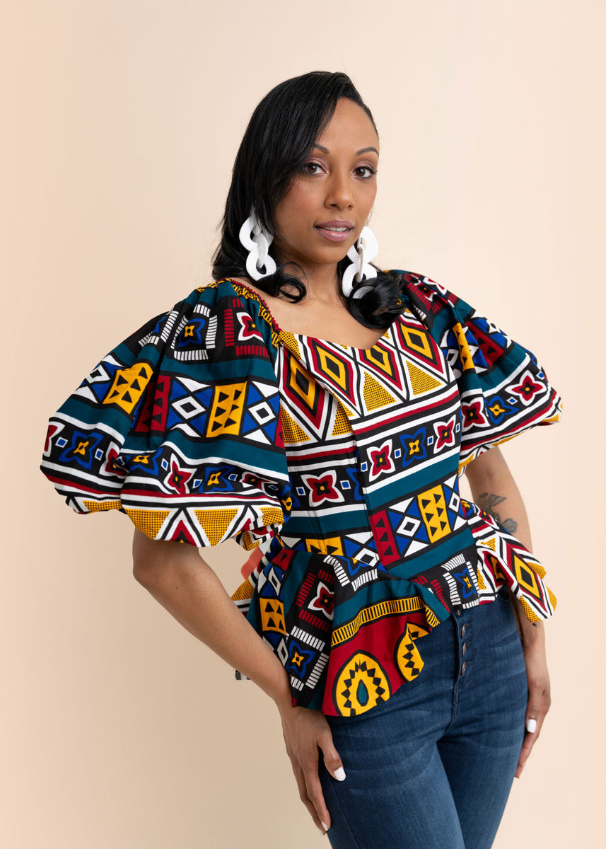Blue African Print sleeve top For Ladies - KEJEO DESIGNS