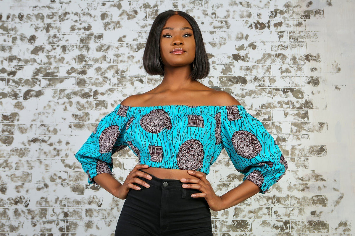 Teal Printed Crop Top With Skirt