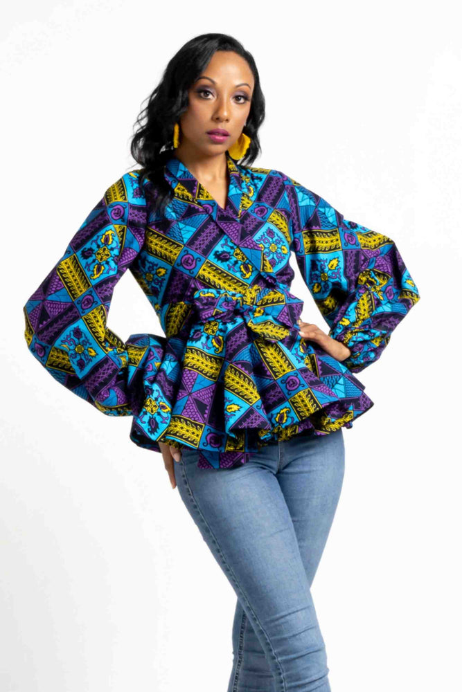 White & Black African Print Peplum Wrap Top - African Clothing