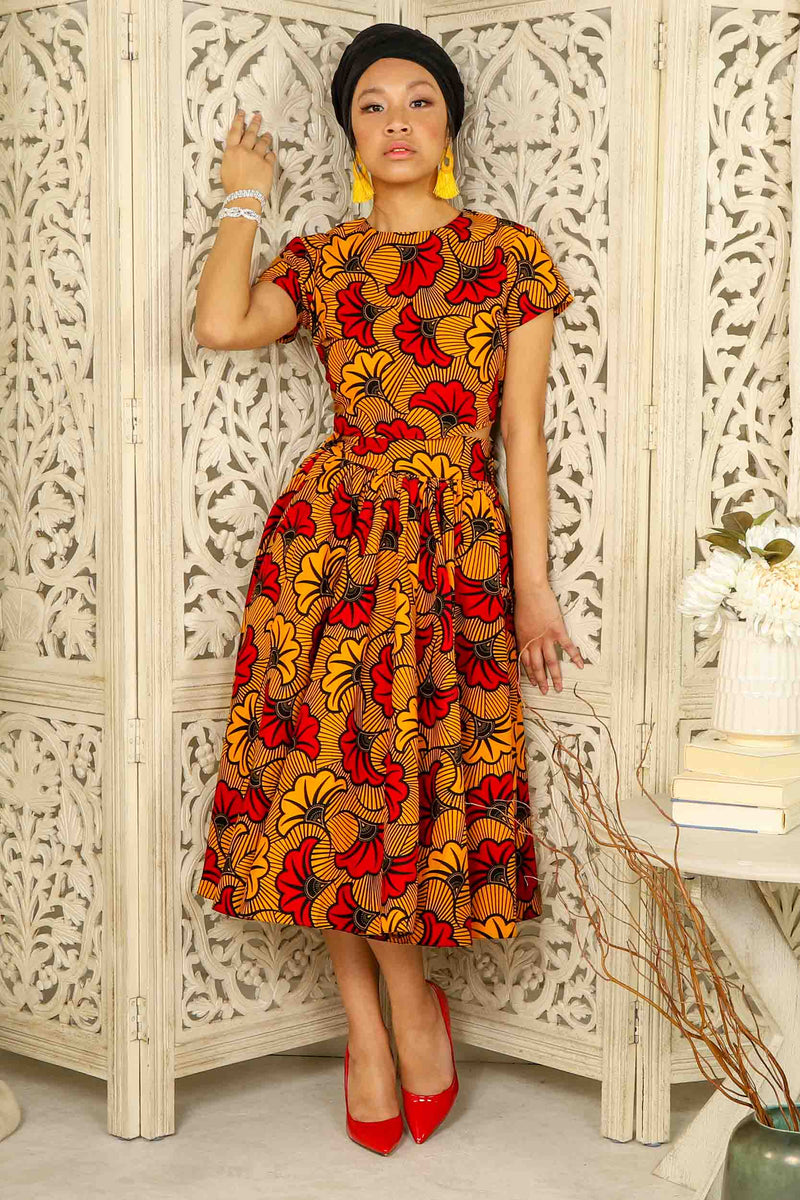 Red-Orange African Print Midi Skirt for women | Kejeo Designs – KEJEO ...